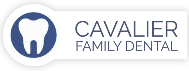 The image displays a logo with text that reads CAVALIER FAMILY DENTAL and includes an illustration of a tooth and a graphic element resembling a stylized castle, set against a grey background with a watermark-like design in the upper right corner.